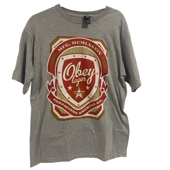 Obey Propaganda Brewing Co. Lager Gray Red T-Shirt Men's‎ Size L - Picture 1 of 5